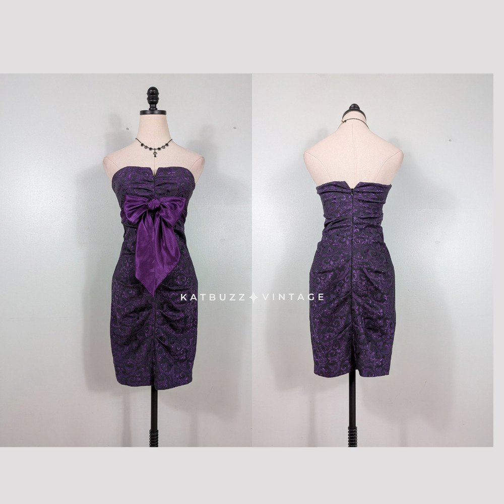 Vintage Nites Prom Dress Mini Gown 4 Purple Black Y2K Bow Goth Coquette Floral